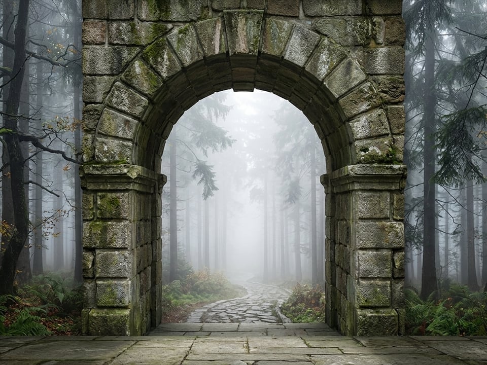 Steinbogen im nebligen Wald