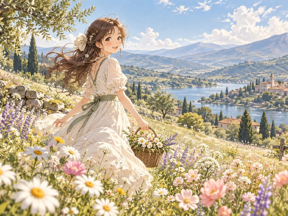 Anime-Mädchen mit Blumenkorb auf der Wiese