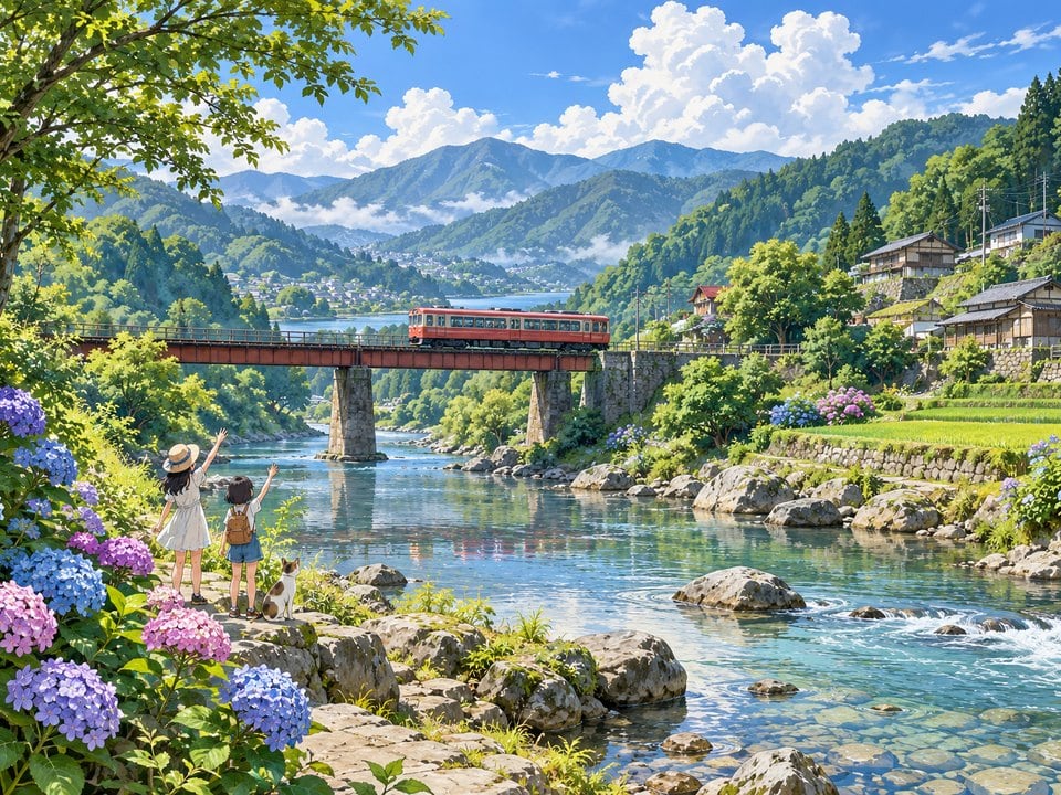 Roter Zug über der Flussbrücke