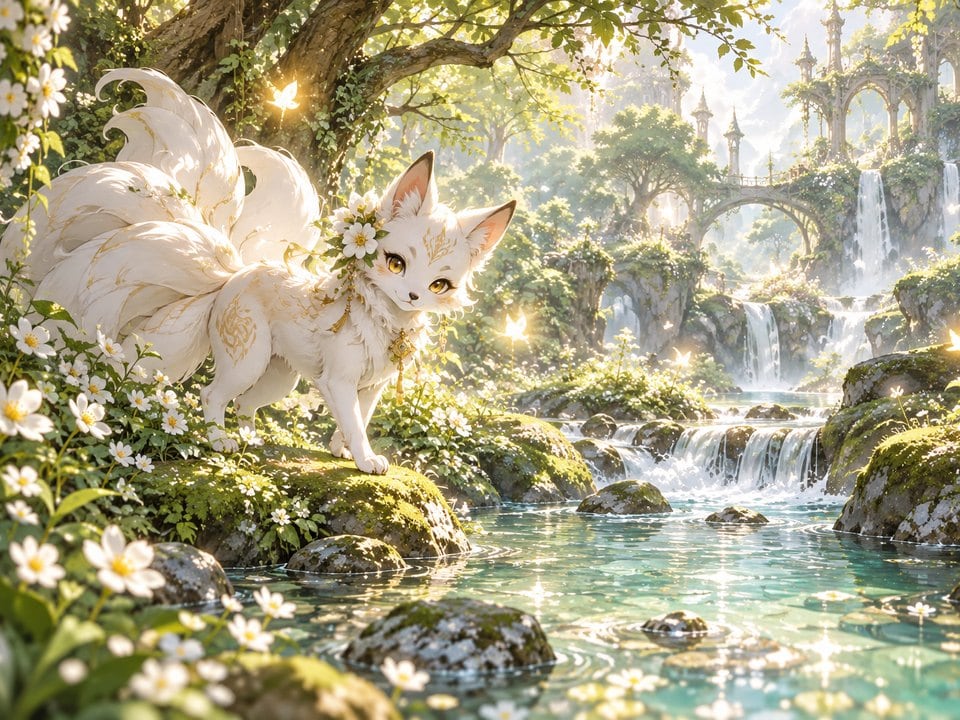 Weißer Zauberfuchs am Wasserfall