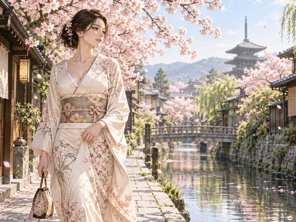 Frau im Kimono an der Kanalgasse