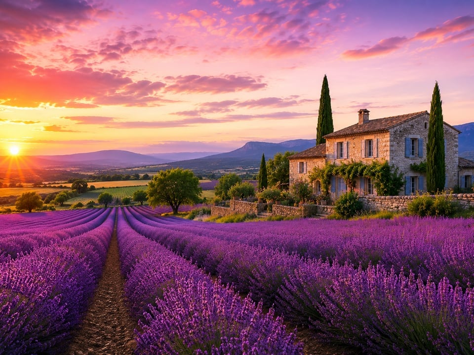 Lavendelfeld vor Provence Landhaus