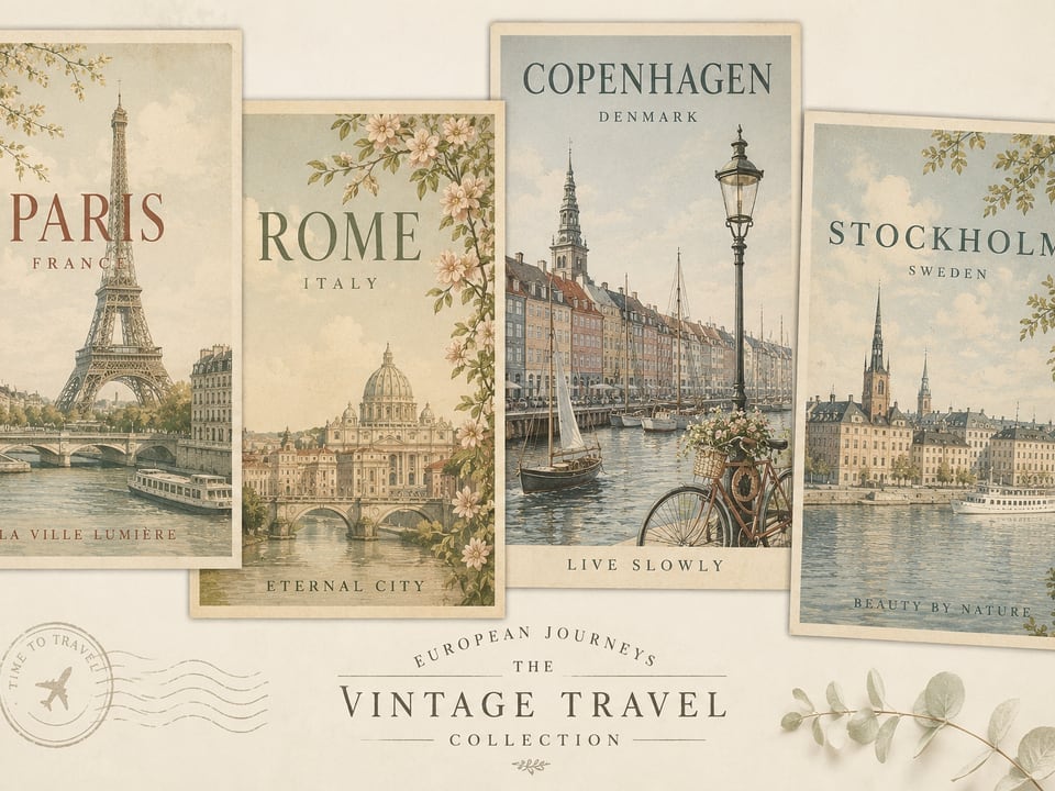 Vintage-Reiseplakate an Wand