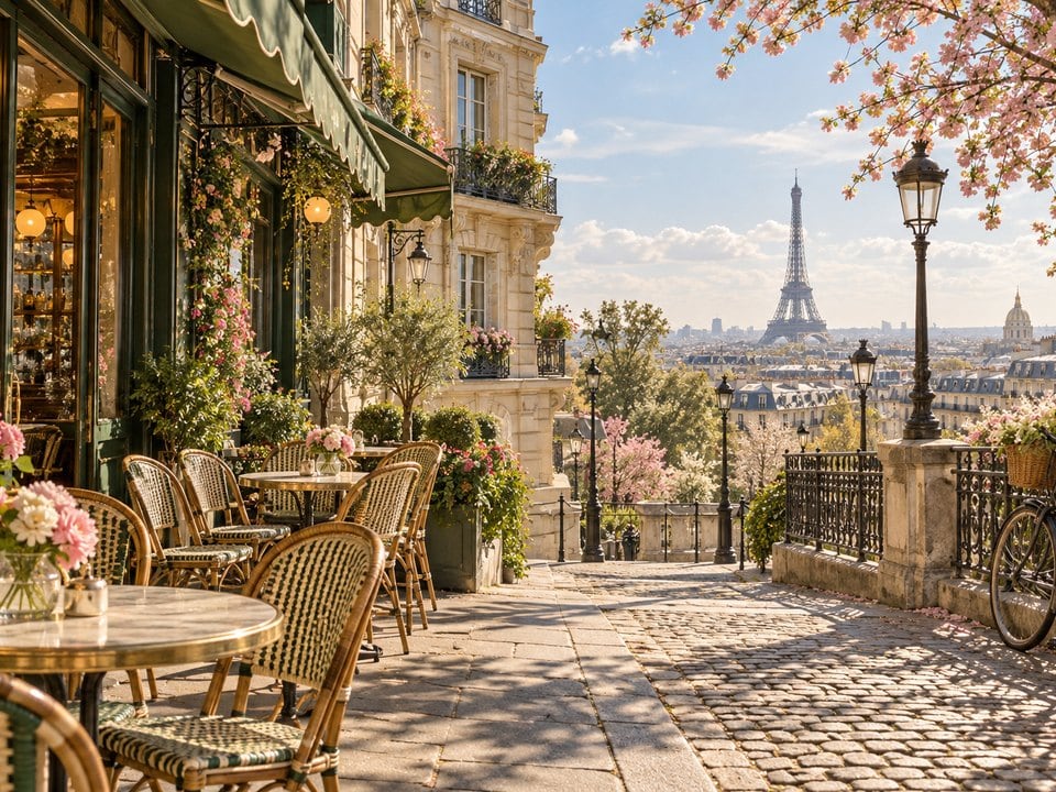 Café-Terrasse mit Blick auf den Eiffelturm