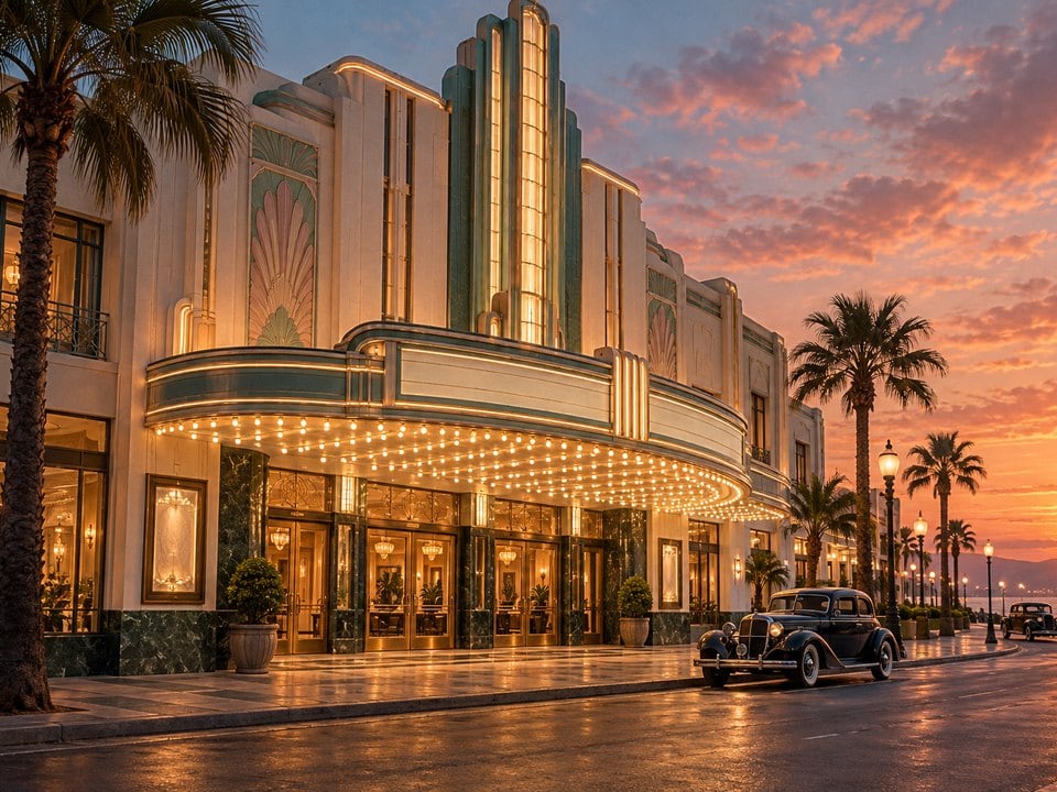 Art-déco-Kino bei Sonnenuntergang