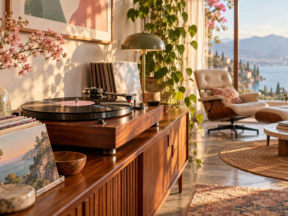 Plattenspieler im Mid-Century-Wohnzimmer