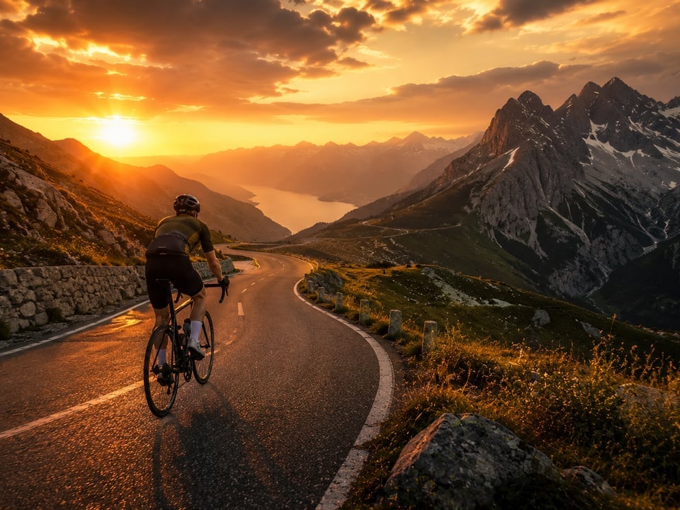 Radfahrer auf Bergstraße bei Sonnenuntergang