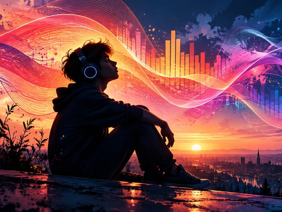 Musik-Silhouette vor Neon-Klangwellen