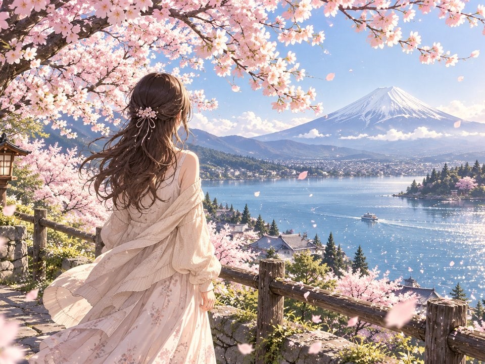 Anime-Mädchen unter Kirschblüten am Fuji
