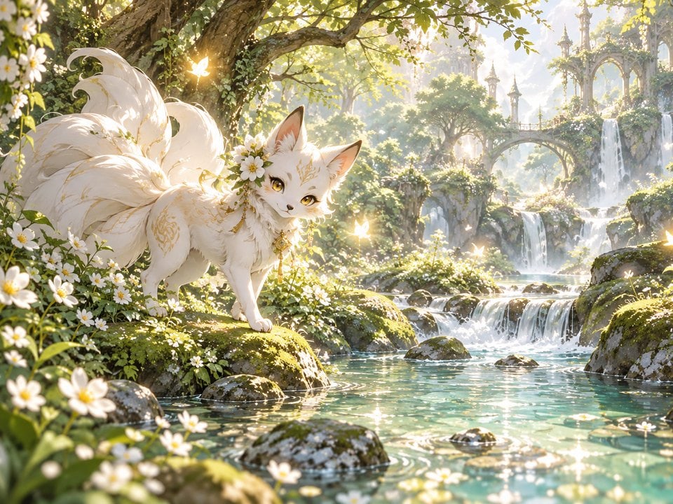 Weißer Zauberfuchs am Wasserfall