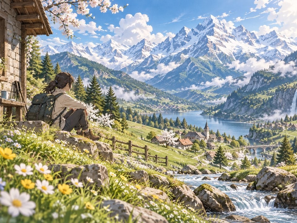 Wanderer auf der Alpenwiese