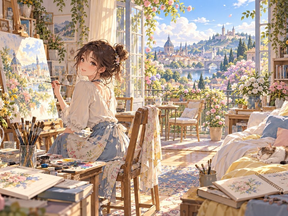 Malerin im sonnigen Atelier