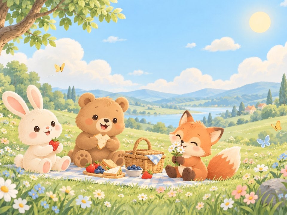 Kuscheltiere beim Picknick