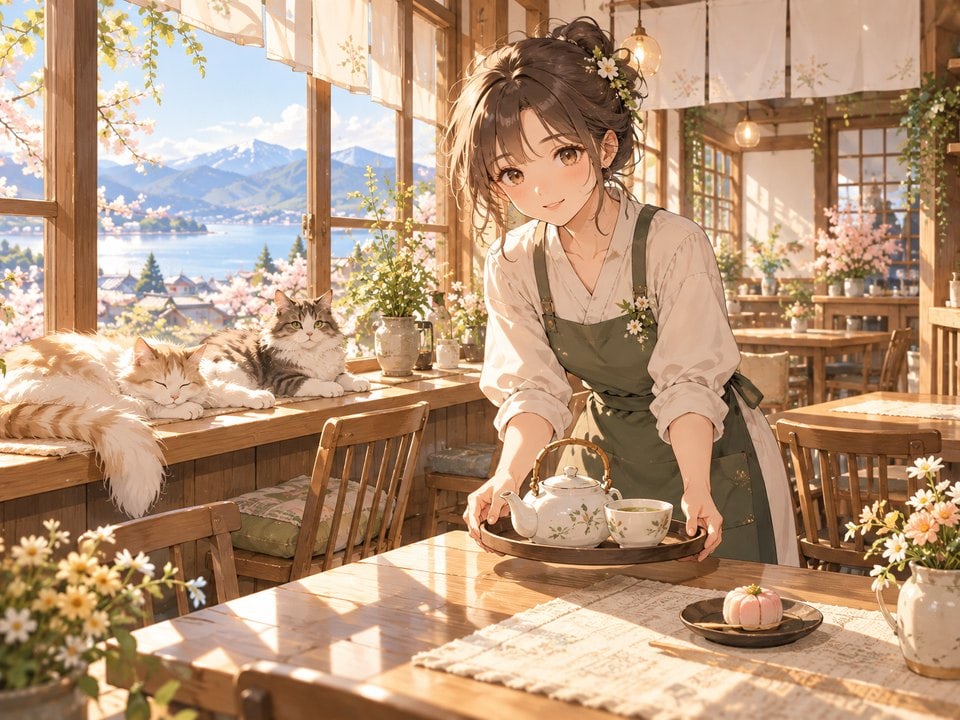 Anime-Mädchen im gemütlichen Café