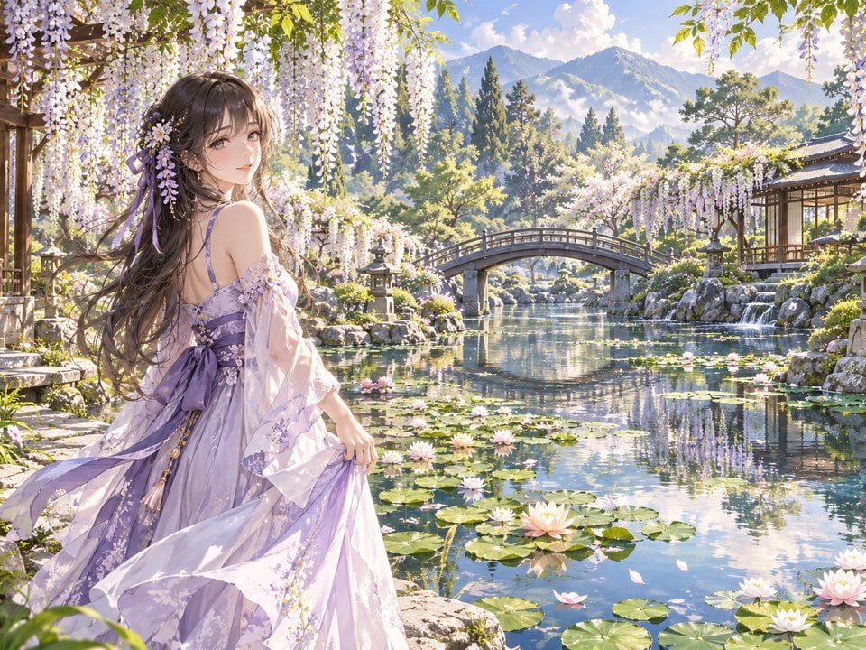 Anime-Mädchen unter Glyzinien am Teich