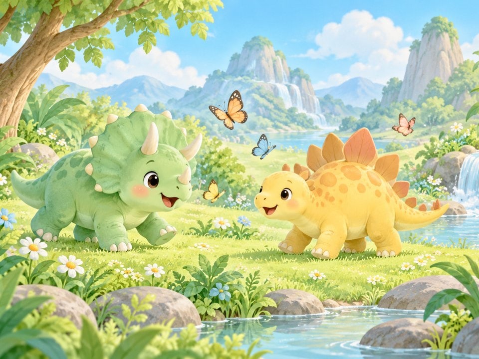 Fröhliche Dinosaurier am Bergsee