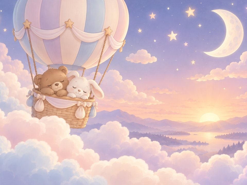 Teddys im Heißluftballon unterm Mond