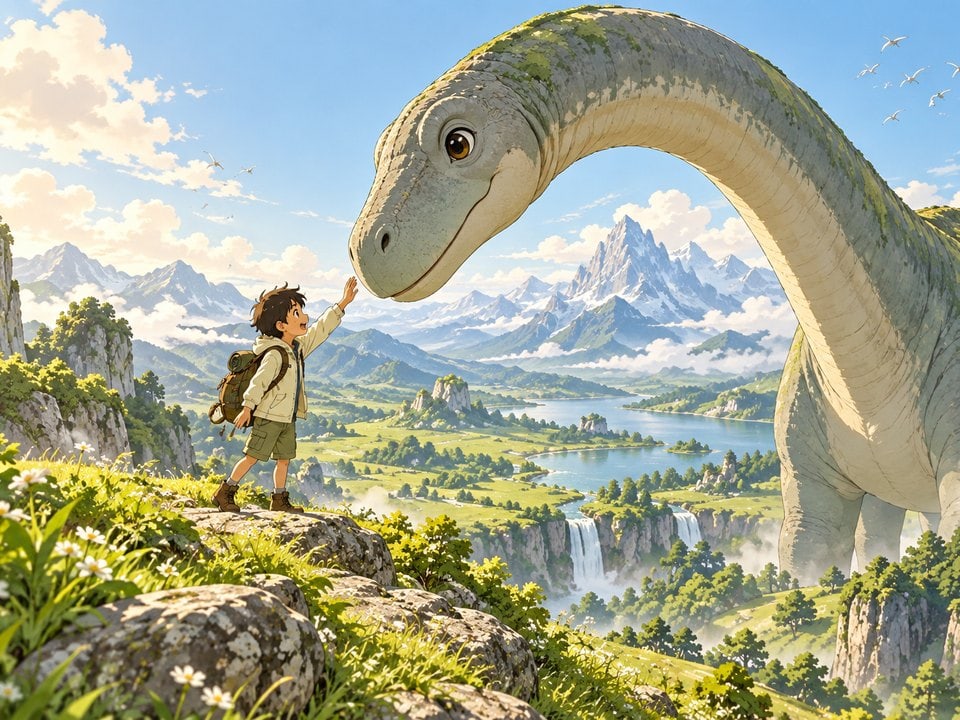 Junge trifft freundlichen Dinosaurier