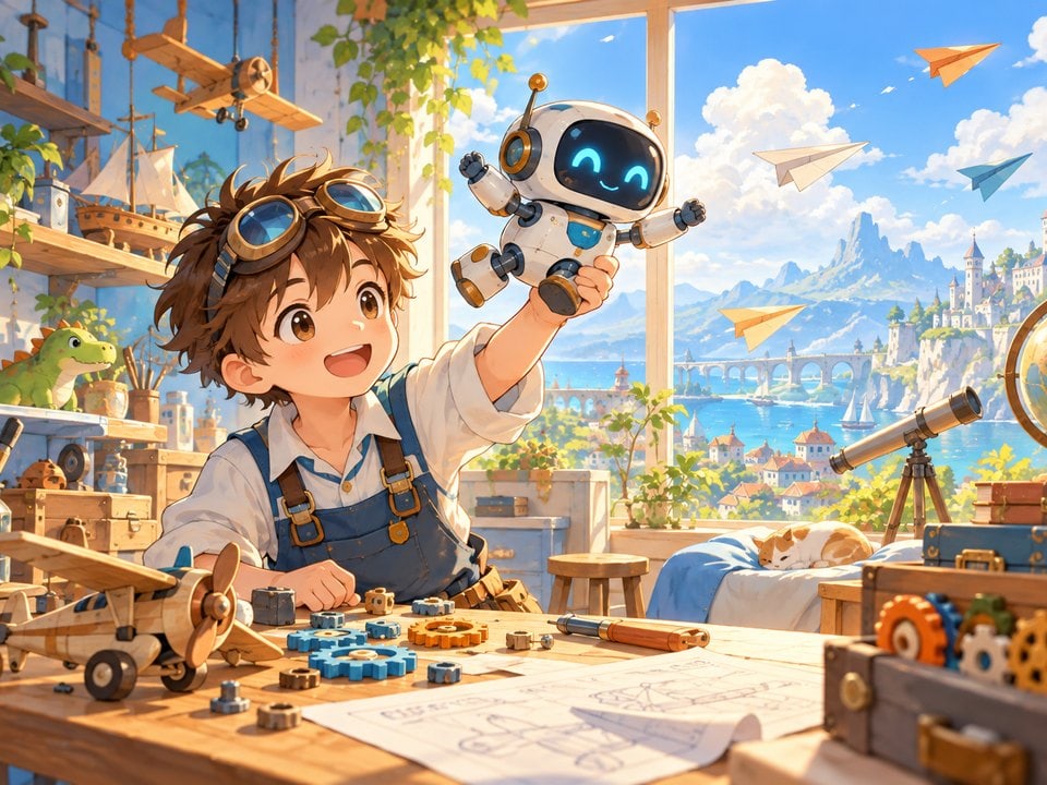 Junger Erfinder mit Roboter