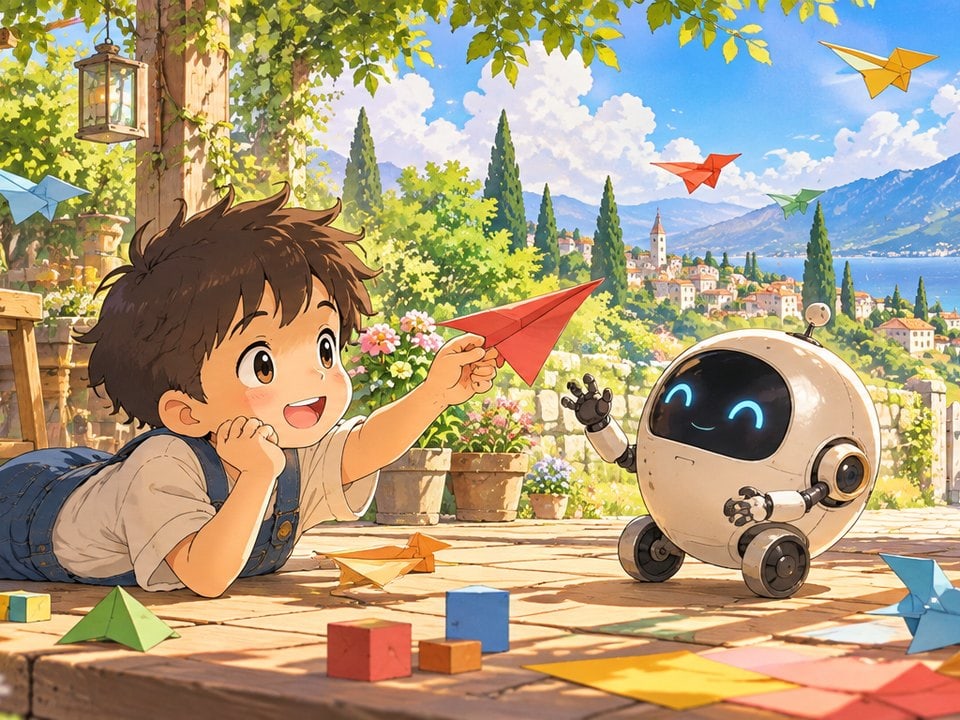 Papierflieger mit Roboterfreund