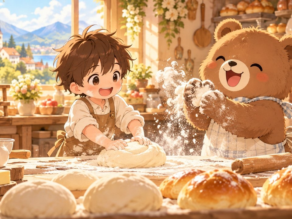 Junge und Bär backen Brot