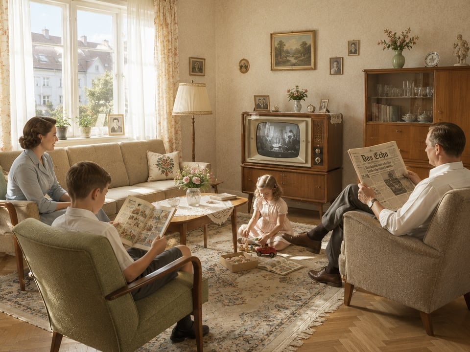 Familie im Retro Wohnzimmer