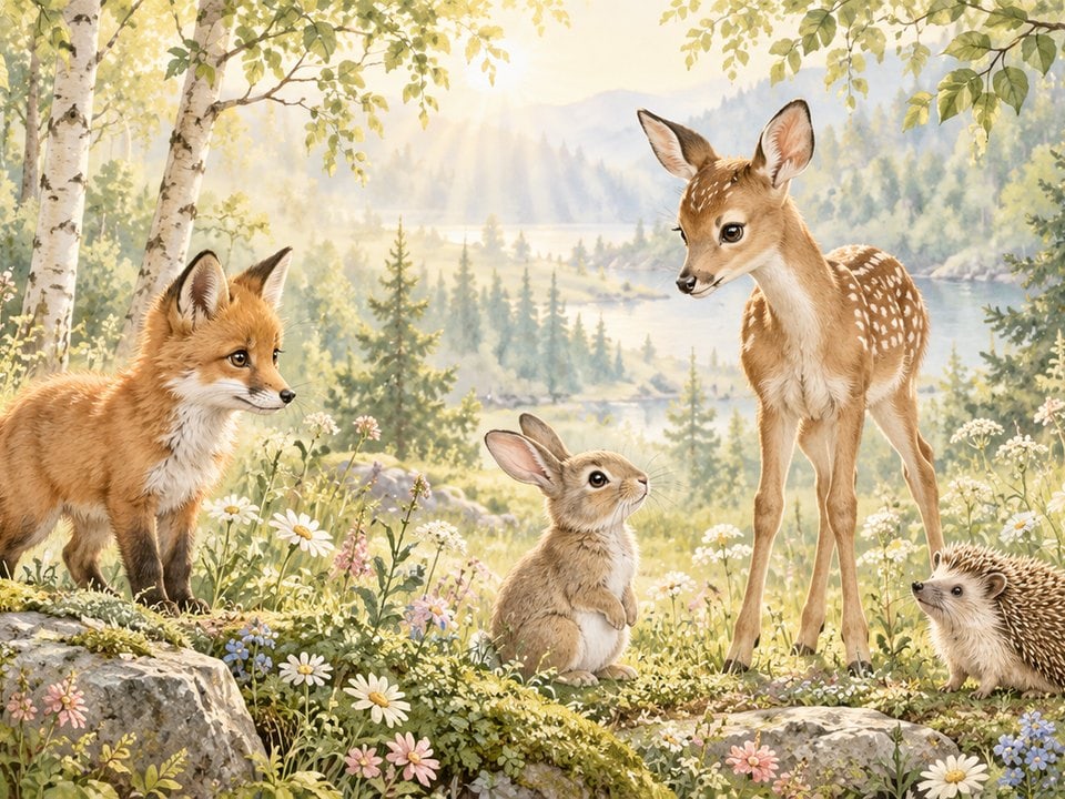 Fuchs, Reh und Hase im Birkenwald
