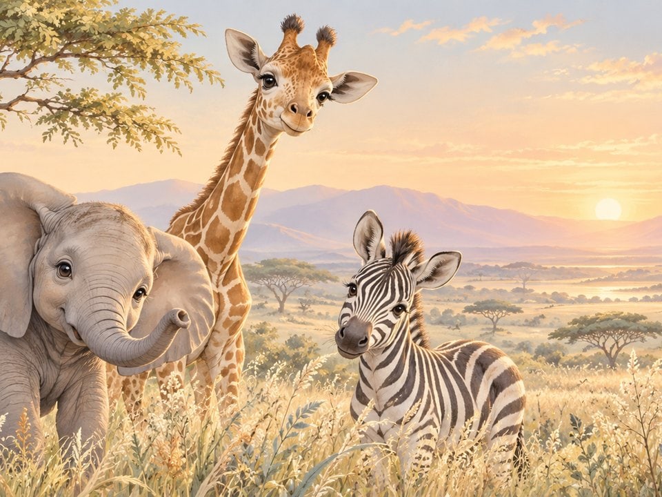 Elefant, Giraffe und Zebra in der Savanne