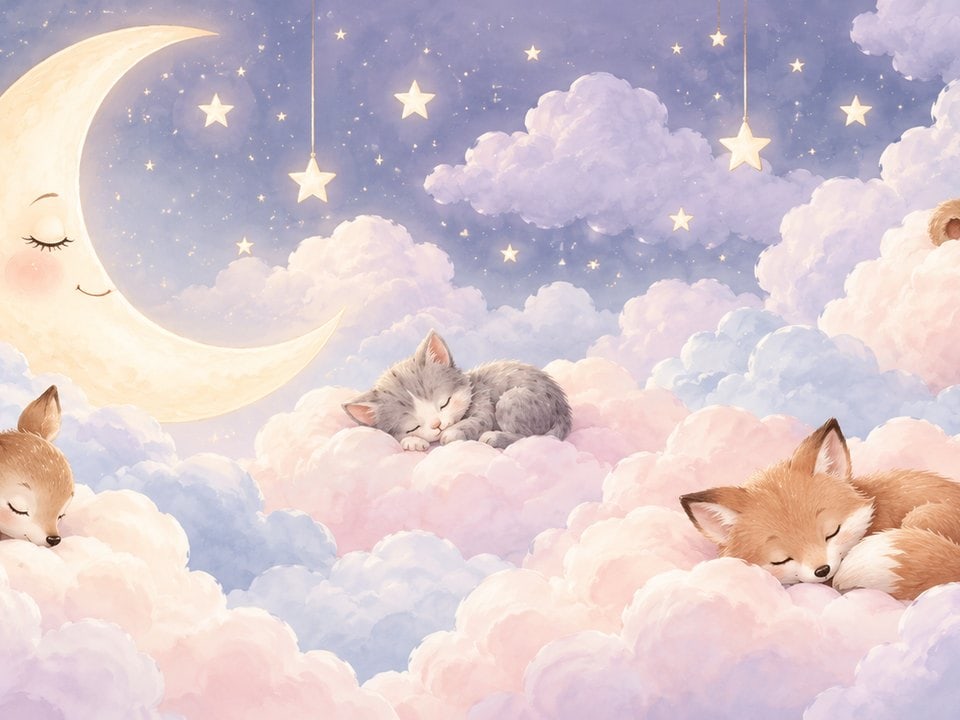 Schlafende Tiere auf Wolken unterm Mond