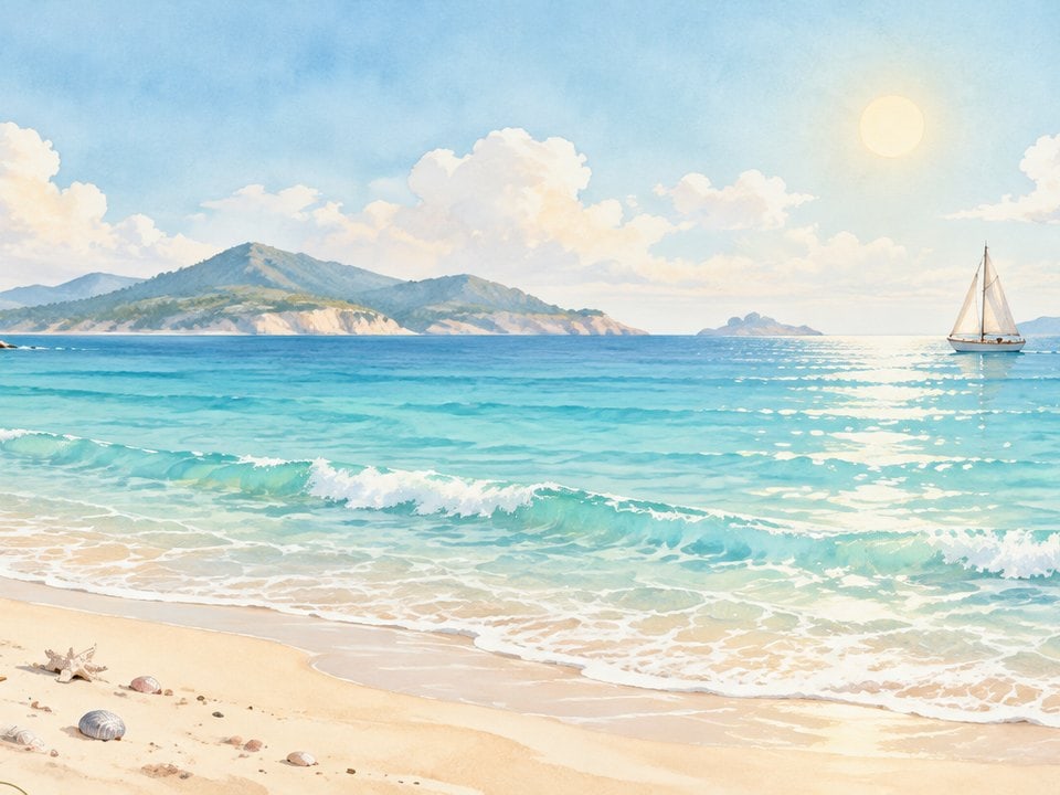 Sonniger Sandstrand mit Segelboot