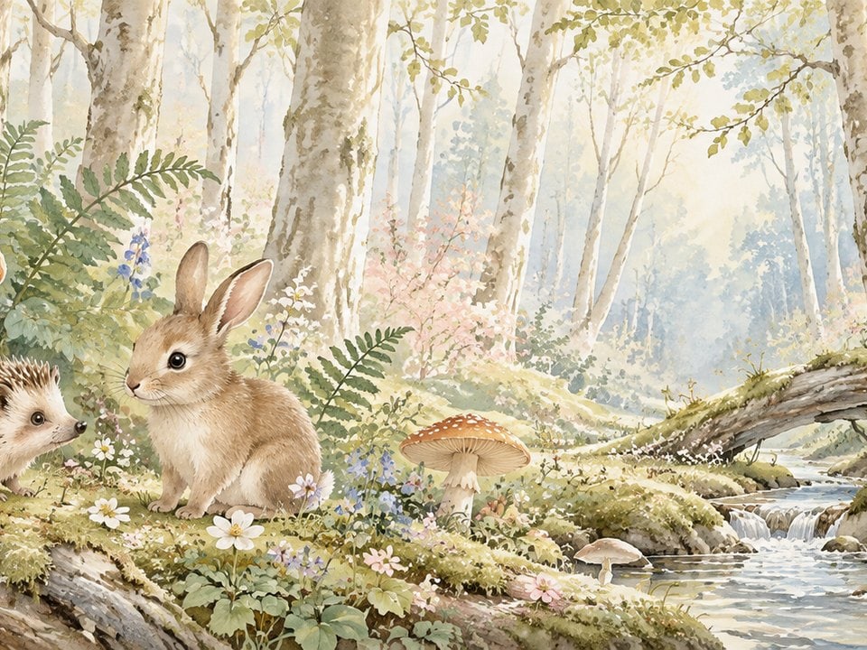 Igel und Hase am Waldbach mit Pilzen