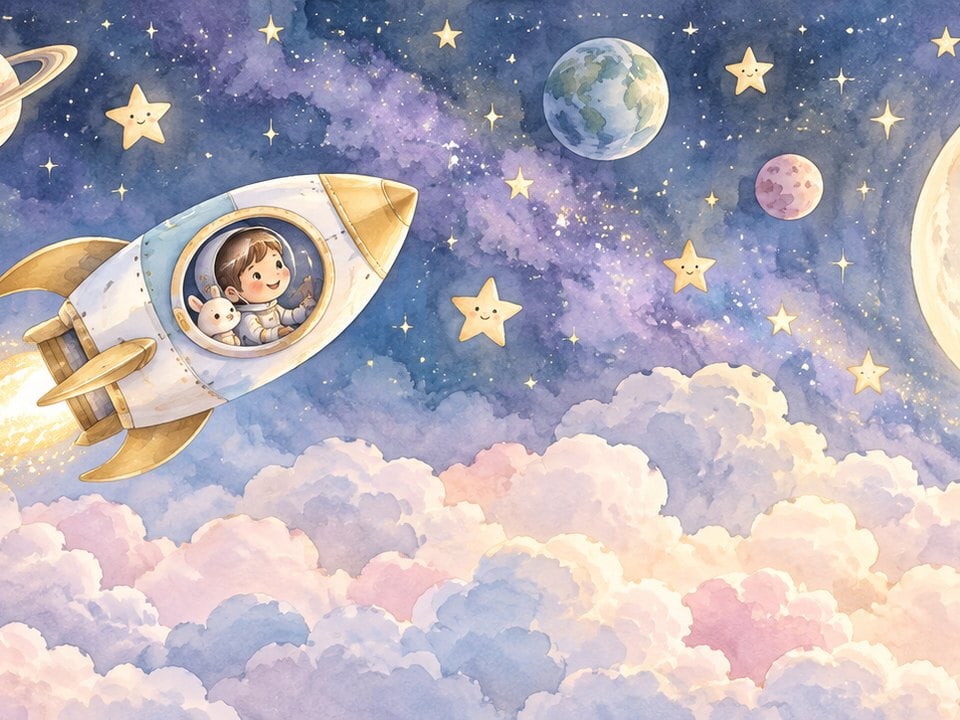 Kind in der Rakete zwischen Planeten