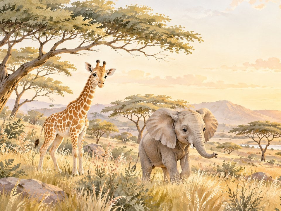 Savanne mit Giraffe im Abendlicht