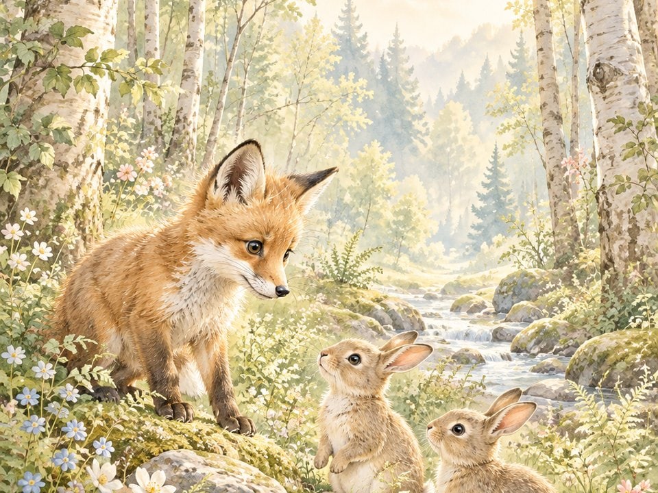 Fuchs und Häschen im Birkenwald