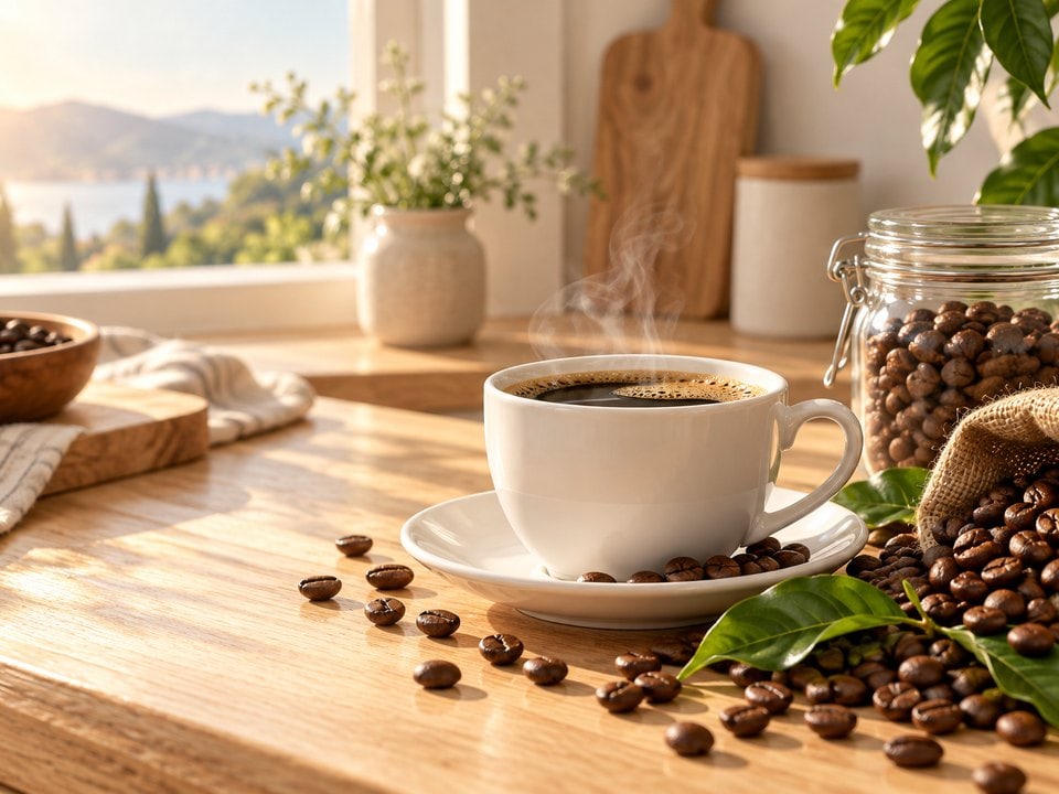 Kaffeetasse mit Kaffeebohnen am Fenster