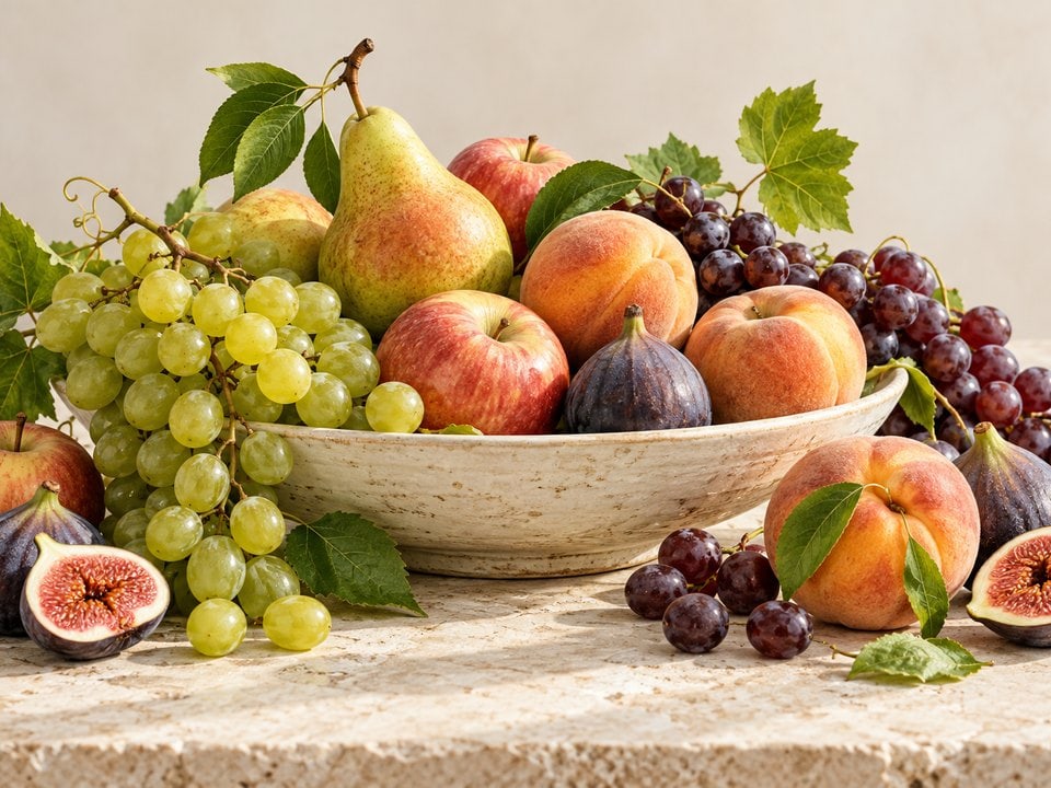 Obstschale mit Trauben, Birnen und Feigen
