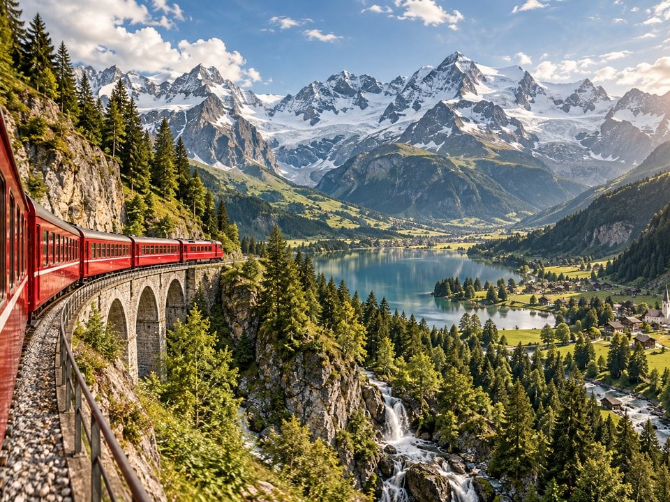 Roter Zug auf dem Alpenviadukt