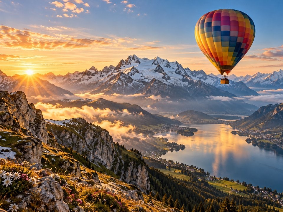 Heißluftballon über dem Bergsee