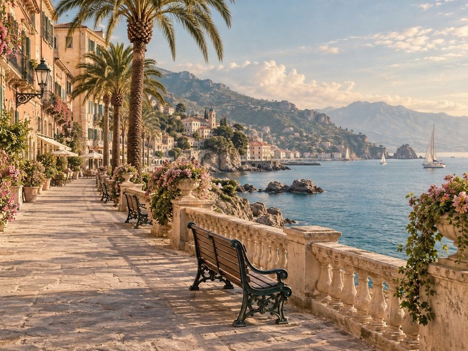 Riviera-Promenade mit Bank und Palmen