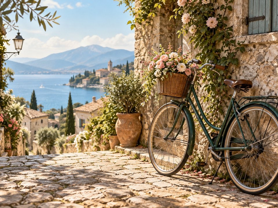 Fahrrad mit Blumenkorb an der Steinmauer