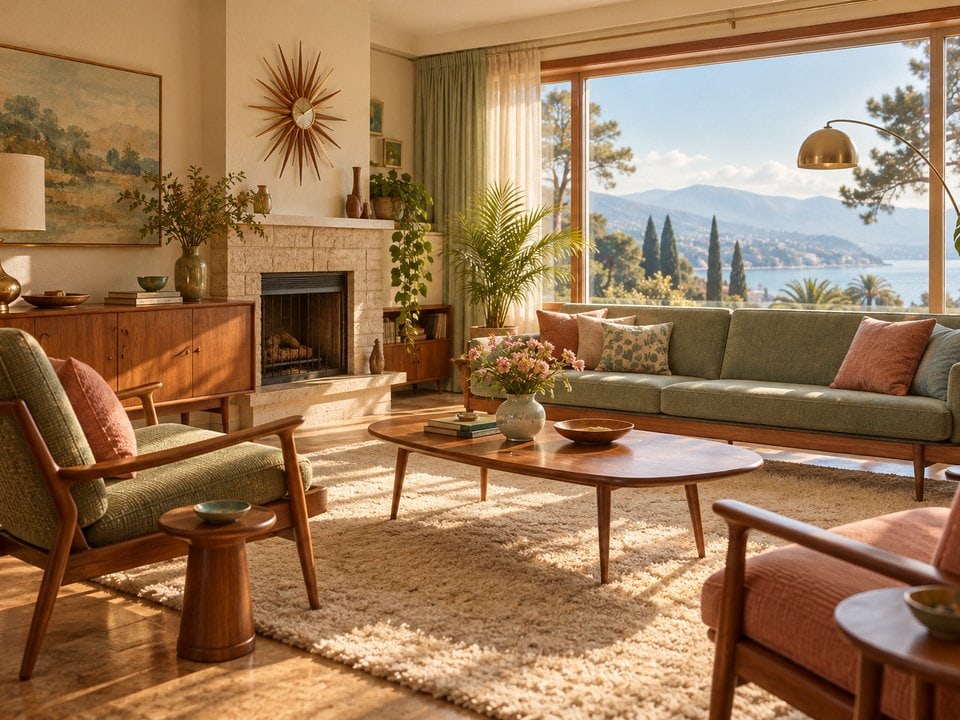 Wohnzimmer im 60er-Stil mit Seeblick