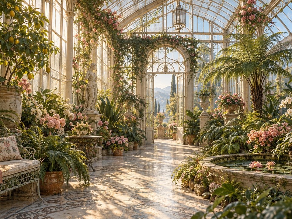 Wintergarten mit Pflanzen und Brunnen