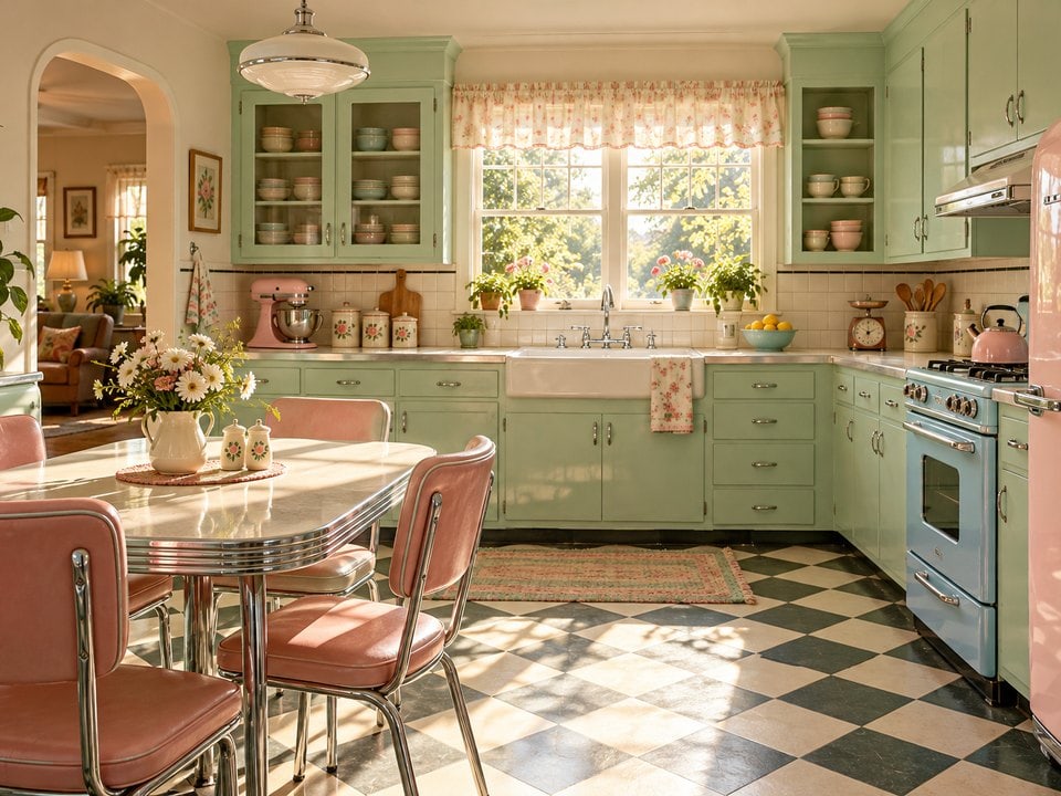 Retro-Küche in Mint und Rosa