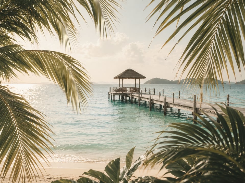 Palmenstrand mit Holzsteg
