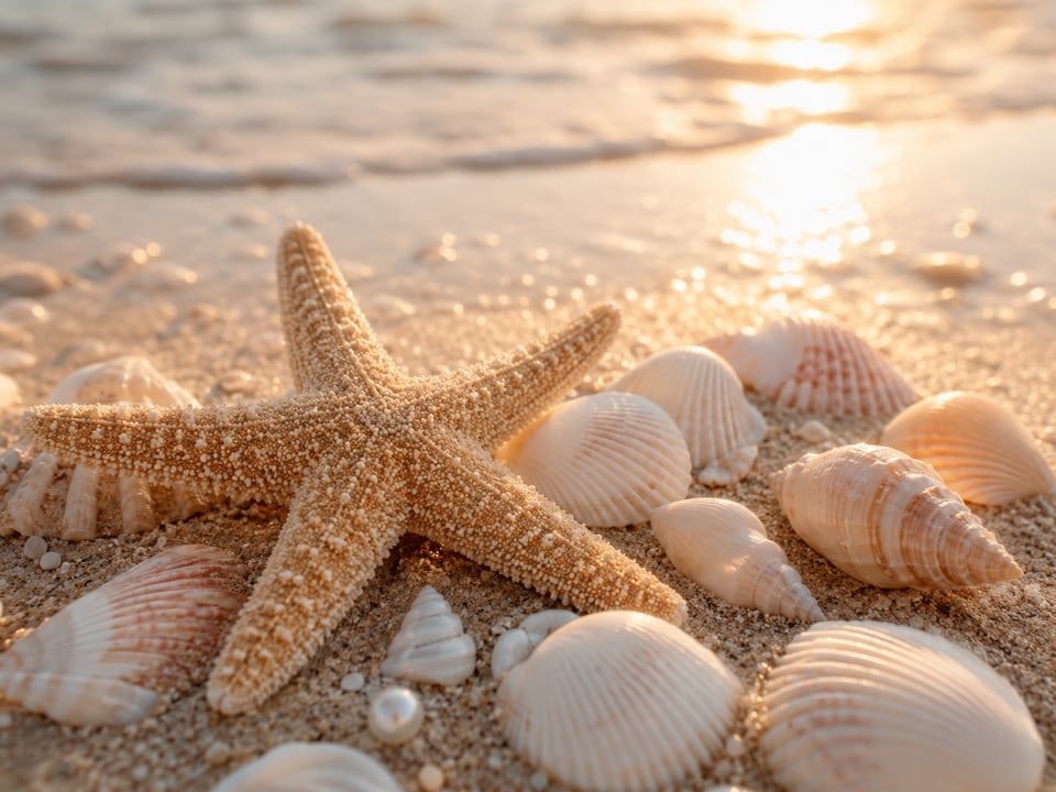 Seestern mit Muscheln am Sonnenstrand