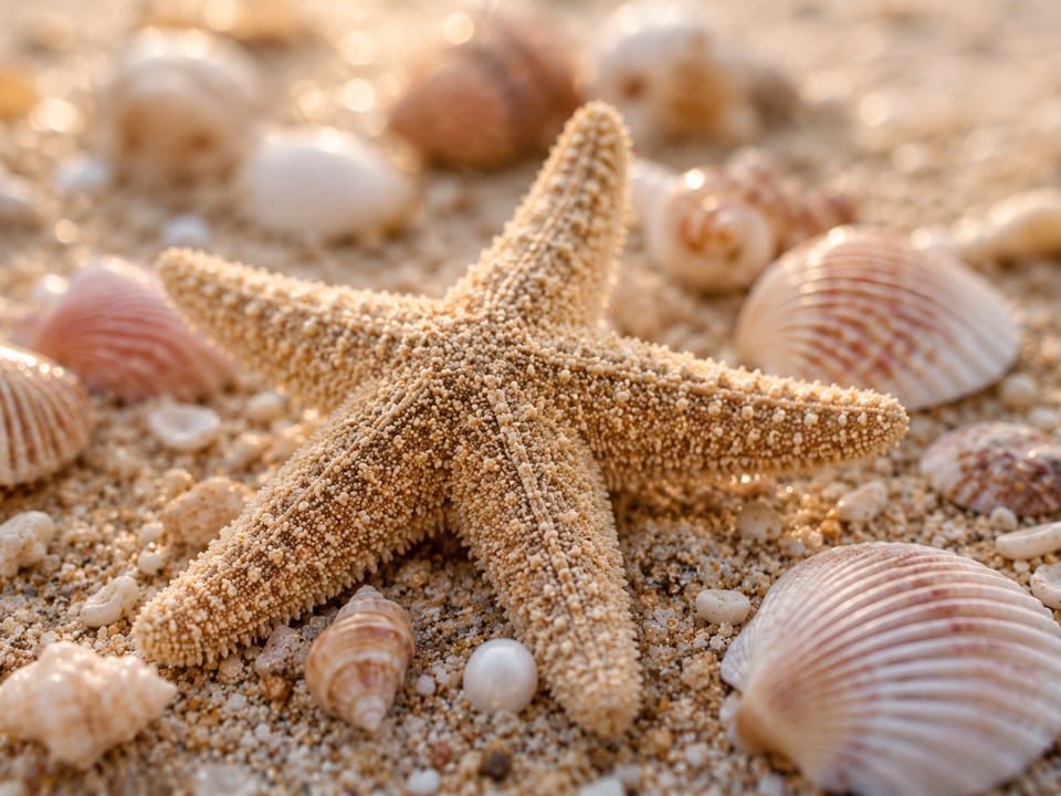 Seestern und Muscheln im Sand