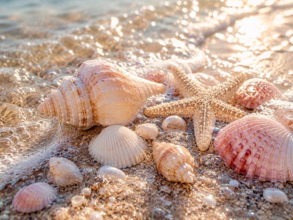 Muscheln und Seestern im Sand