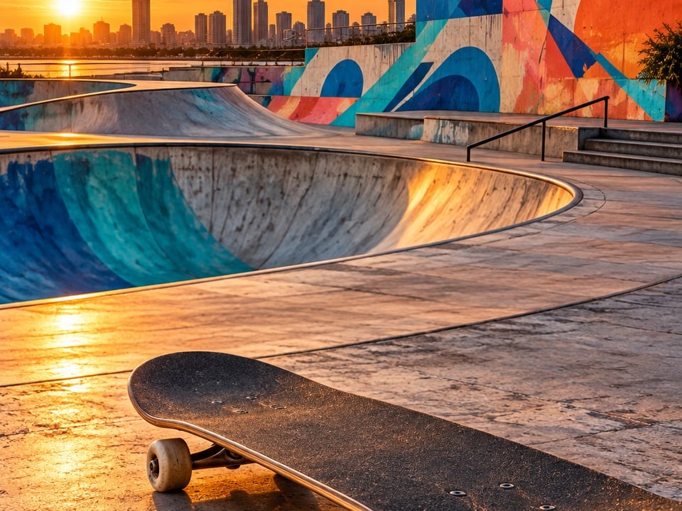 Skateboard im Skatepark bei Sonnenuntergang