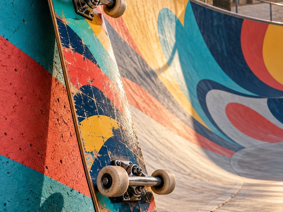 Skateboard an bunter Graffiti-Rampe