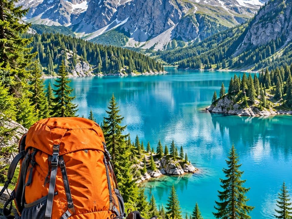 Wanderrucksack am Bergsee
